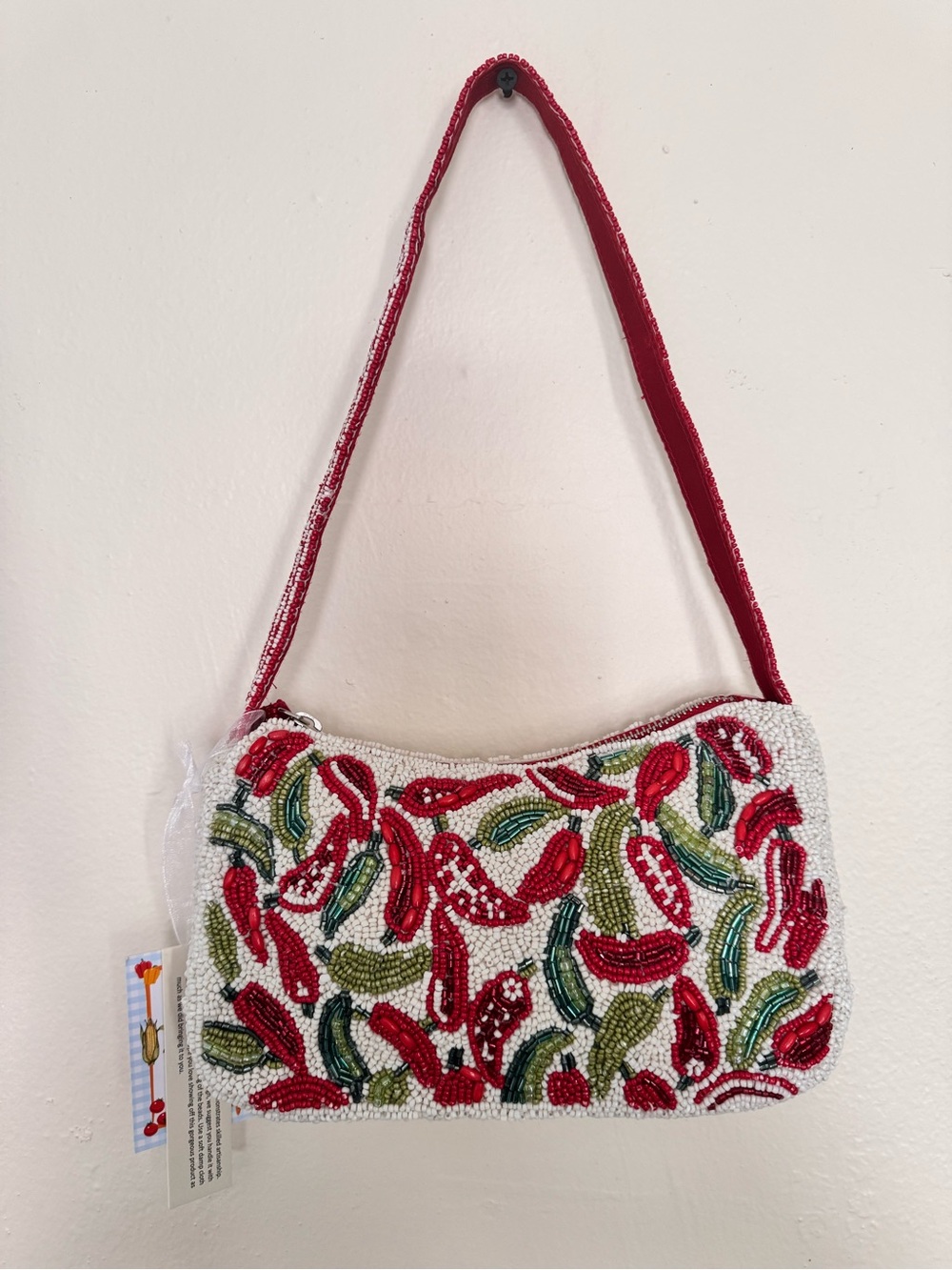 Beaded Red Chili Motif Shoulder Bag